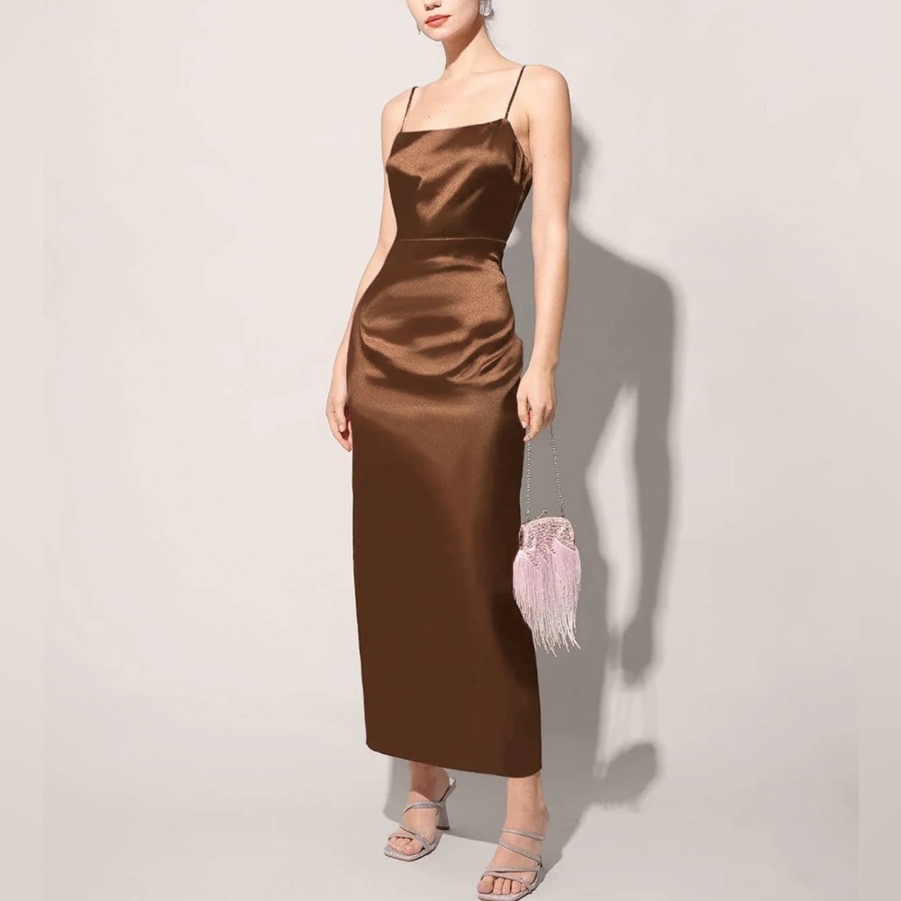 Rihoas Coffee Satin Slip Maxi Dress